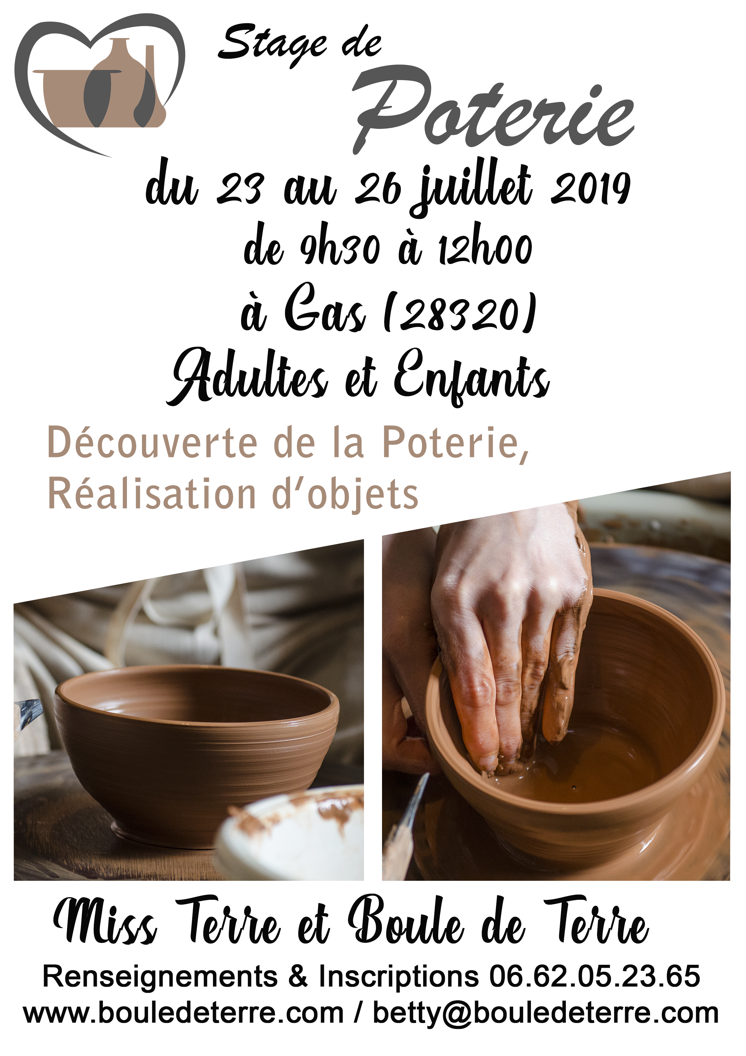Stage de poterie Adultes/Enfants du 23 au 26 juillet 2019 - Miss Terre et  Boule de Terre